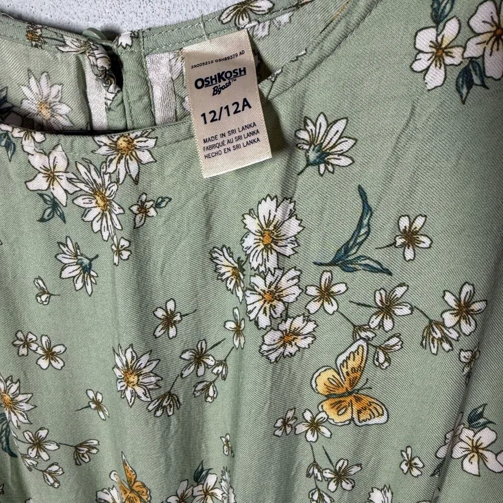 Oshkosh B'Gosh Girls Floral Dress Size 12 Green Short Sleeve Stretchy Cute Girly